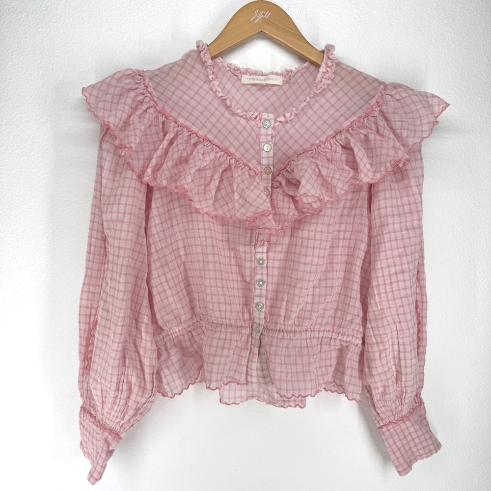 Love Shack Fancy Ruffle Peplum Button Crop Top Boho Gauze Balloon Sleeve Small